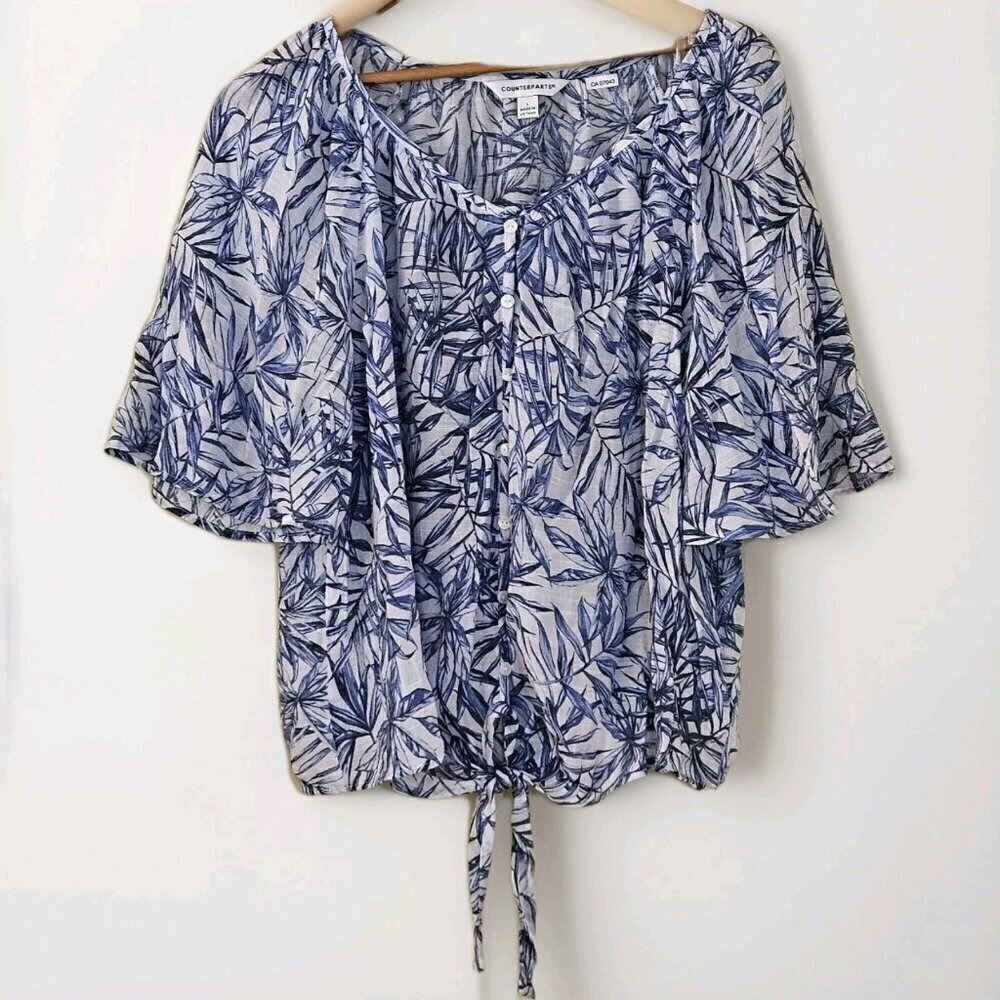 Counterparts White Blue Floral Top Womens US L SS Buttons Ties Cottage Lagenlook